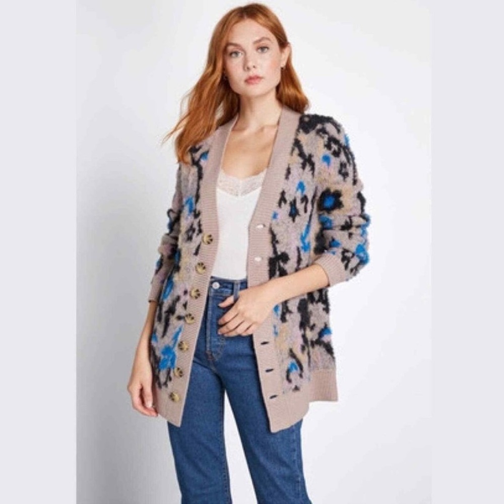 Modcloth‎ Women's Cozy Patterned Cardigan Blue and Brown Size XL